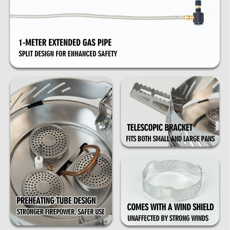 Camping gas stove with extended gas hose and split canister design for safer outdoor use