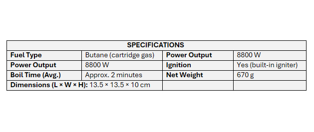 Specifications of 8800W camping gas stove including power output, weight, ignition and size