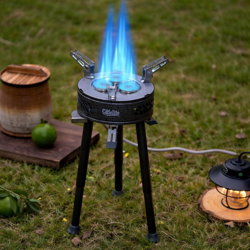 High power 8800W camping gas stove producing strong blue flame for fast outdoor cooking