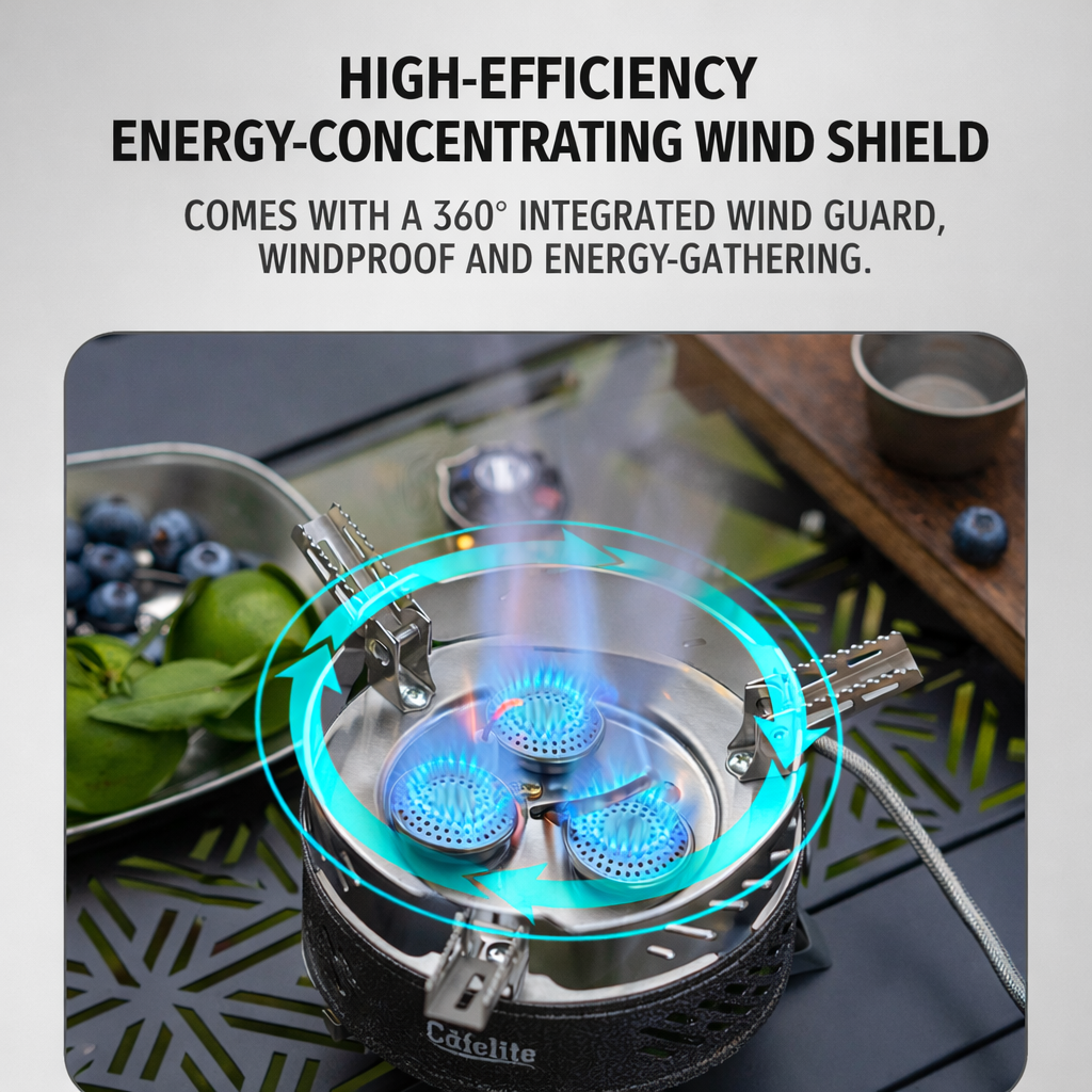 8800W camping gas stove with 360-degree integrated wind shield for stable flame in windy conditions