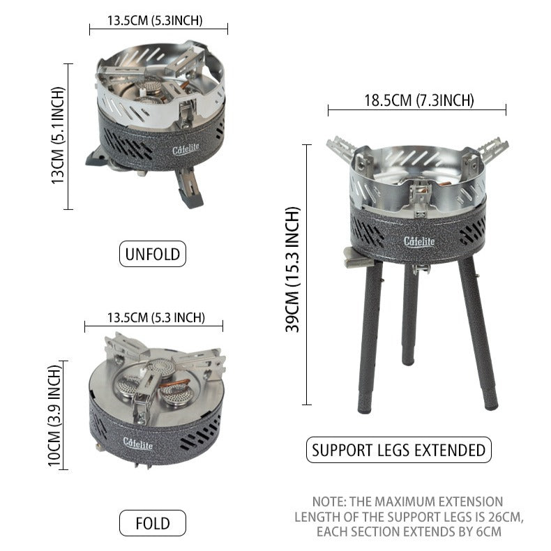 Foldable 8800W windproof camping gas stove showing compact folded and extended dimensions