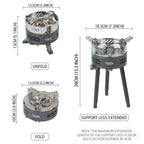 Foldable 8800W windproof camping gas stove showing compact folded and extended dimensions