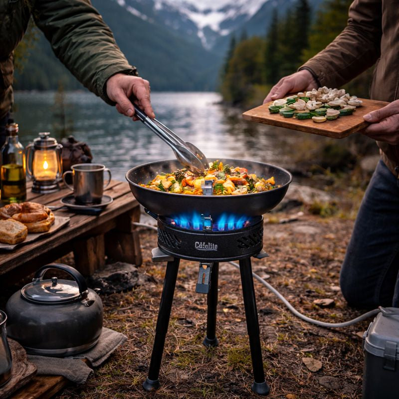 8800W windproof camping gas stove used for outdoor cooking at a lakeside campsite in Canada