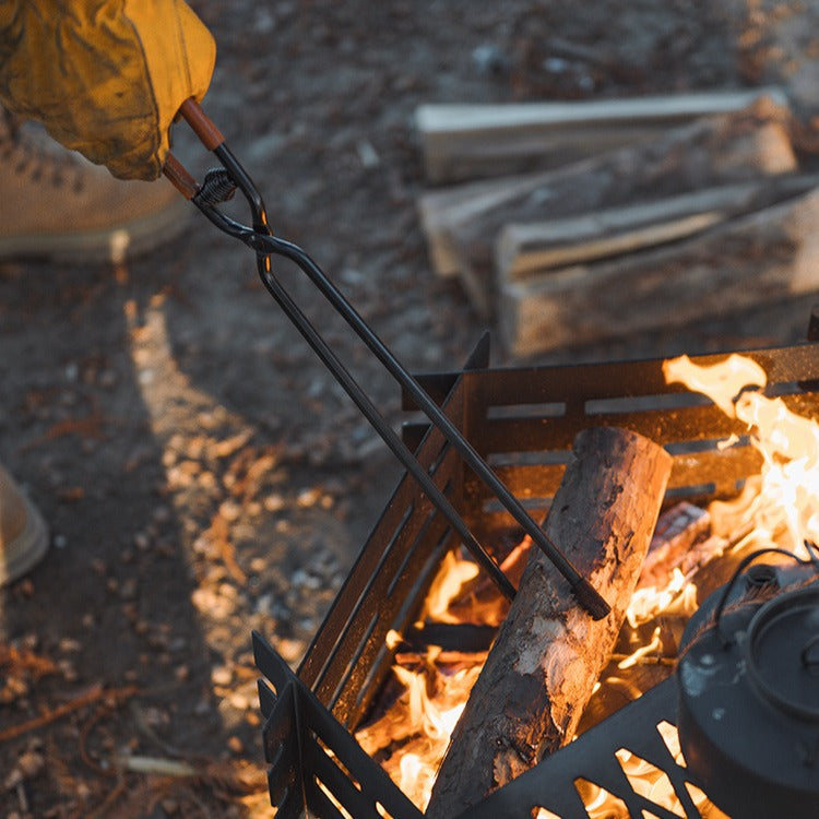camping fire tongs with leather sheath for campfire wood handling