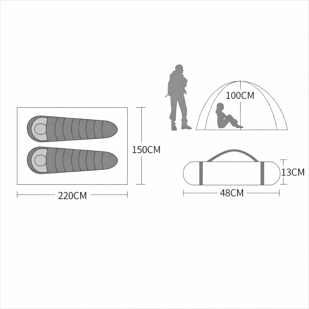Diagram showing sleeping area, interior height, and packed size of a 2-person lightweight 4-season camping tent.