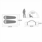 Diagram showing sleeping area, interior height, and packed size of a 2-person lightweight 4-season camping tent.