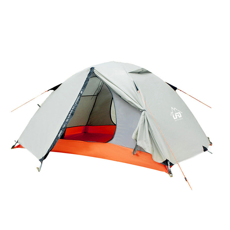 Front view of a 2-person double-layer 4-season lightweight camping tent with extended vestibule and storm protection.