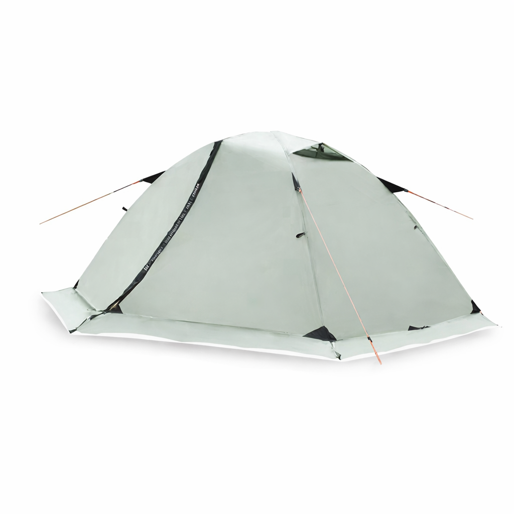 Rear view of a 4-season lightweight camping tent with integrated snow skirt for wind and snow protection.