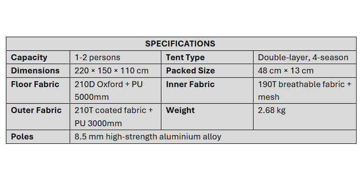 Specifications table of a 2-person 4-season lightweight camping tent showing dimensions, weight, waterproof ratings, and aluminium poles.
