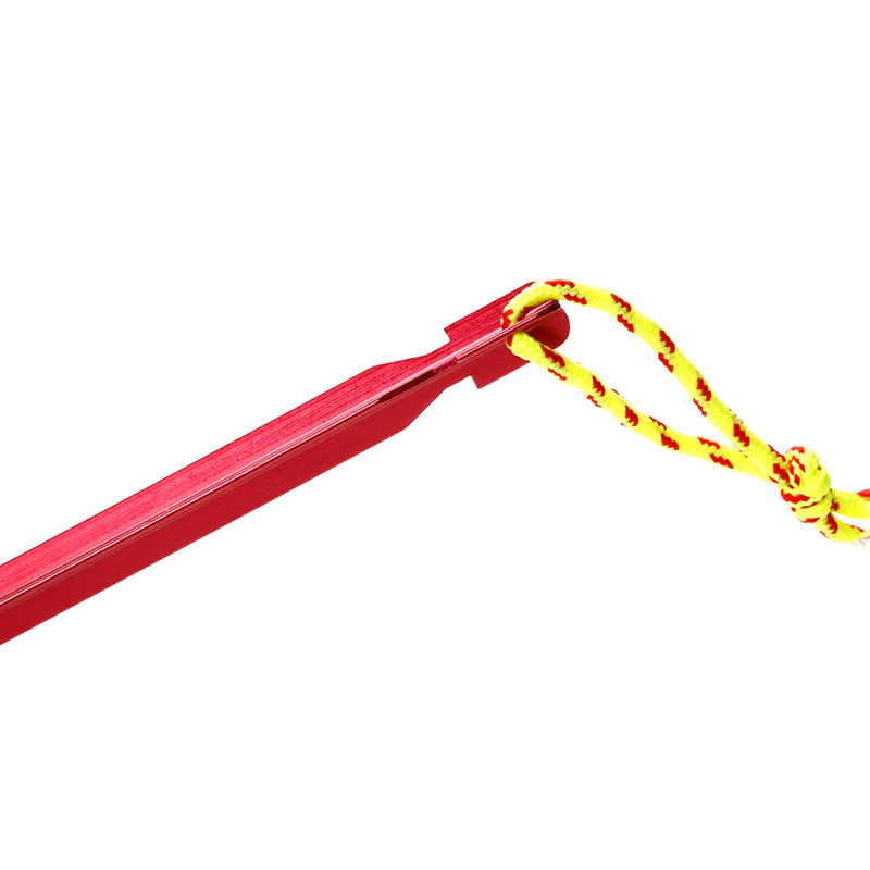 Campstone aluminum triangular tent stake in red with pull cord, wind-resistant camping peg detail