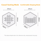 Campstone automatic hexagon camping tent interior layout showing seating and sleeping modes for 5–8 people with dimensions 283 × 215 cm.