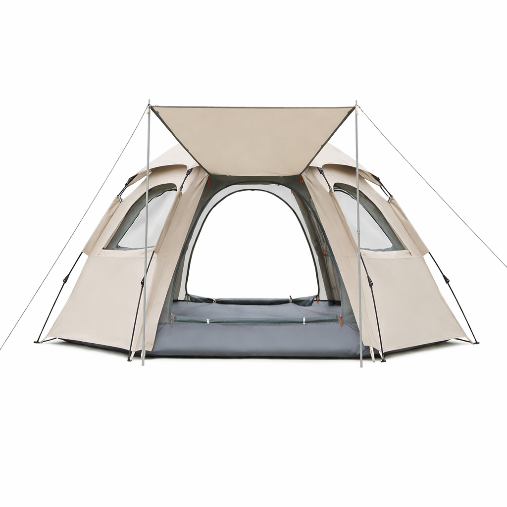 Front view of Campstone automatic hexagon camping tent with extended awning setup for family and group outdoor camping.