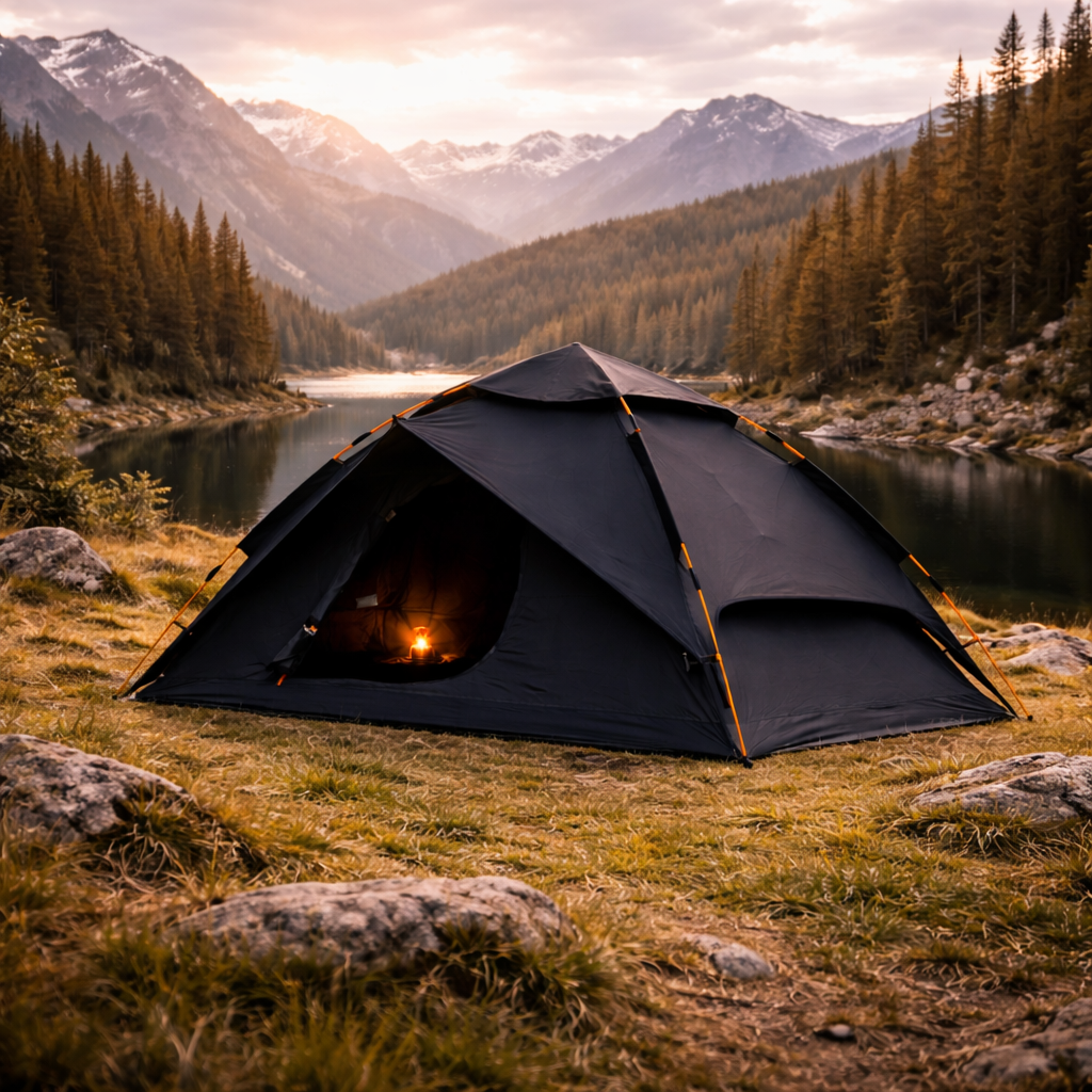 black pop-up camping tent set up near a lake with mountains in the background