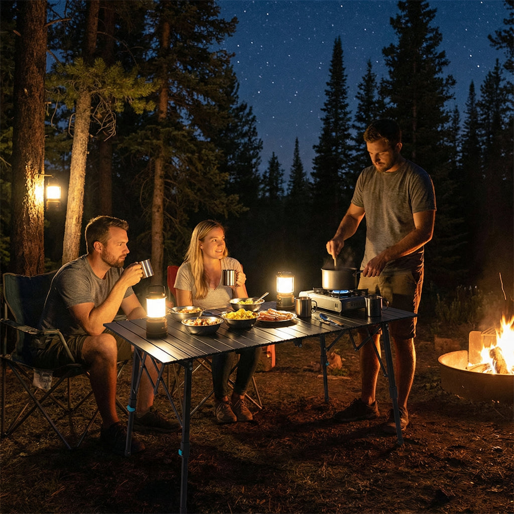 Campstone outdoor camping table used at a BC forest campsite at night for cooking and dining
