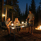 Campstone outdoor camping table used at a BC forest campsite at night for cooking and dining
