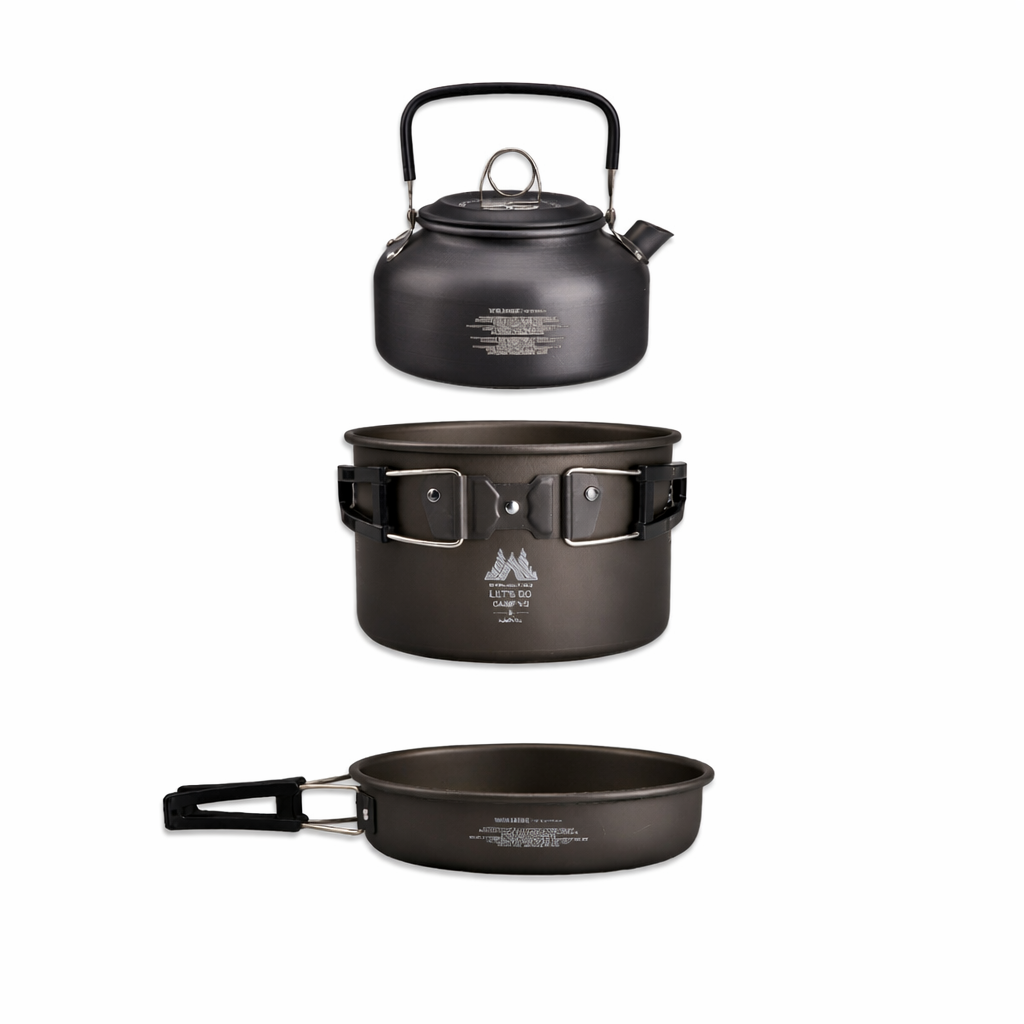 3-piece camping cookware set with aluminum pot, frying pan, and kettle for outdoor cooking