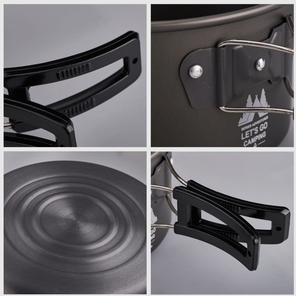 Detail view of aluminum camping cookware showing handles, base, and build quality