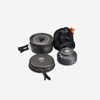 Compact nesting camping cookware set with storage bag for backpacking and hiking