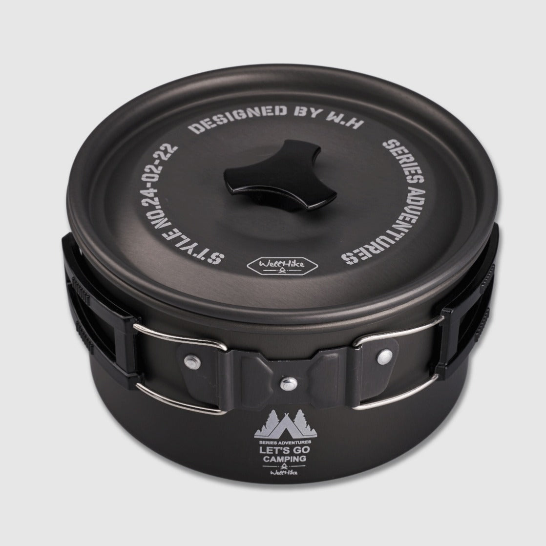 Stackable aluminum camping cookware set designed for space-saving packing