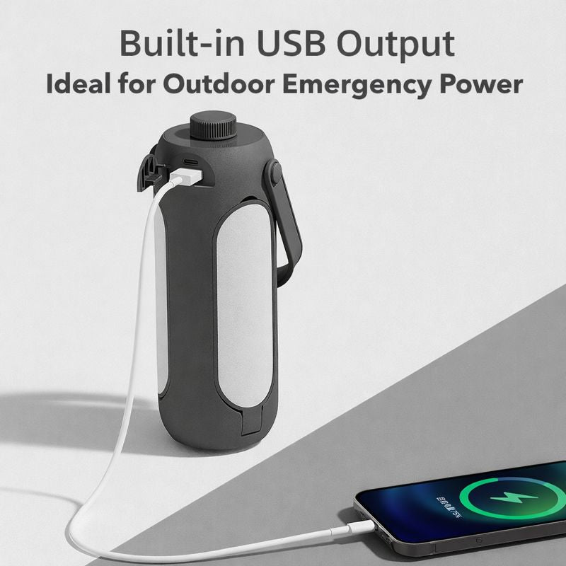 Campstone camping lantern with built-in USB output charging a smartphone as an emergency power bank