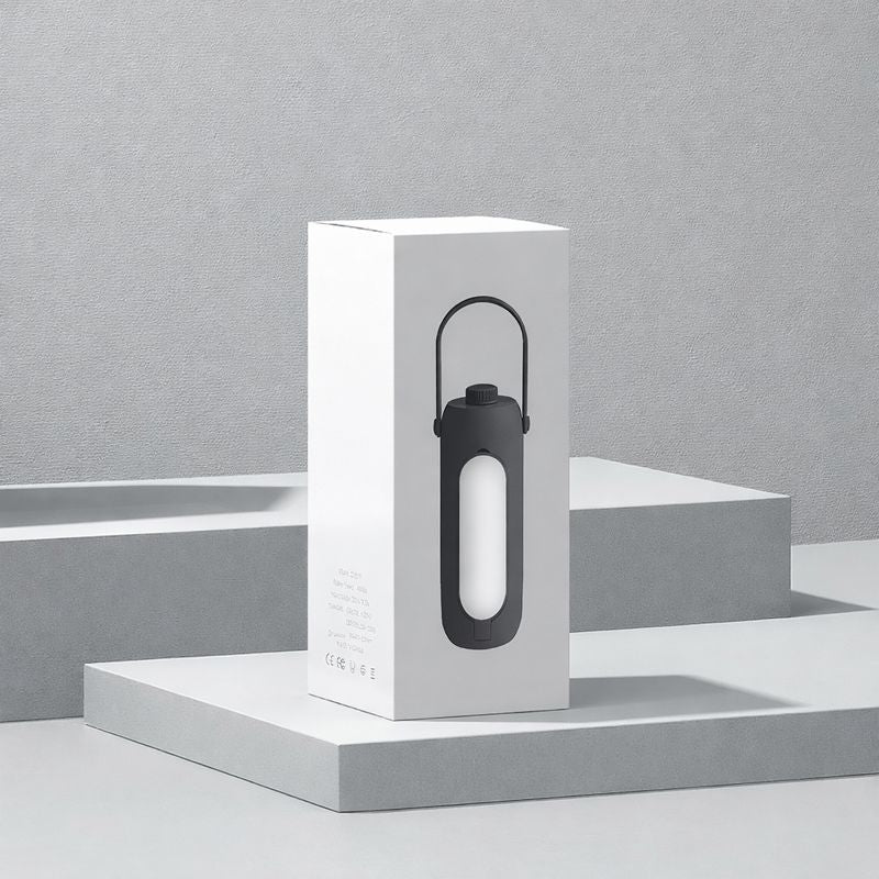 Retail packaging of Campstone rechargeable foldable camping lantern designed for outdoor use