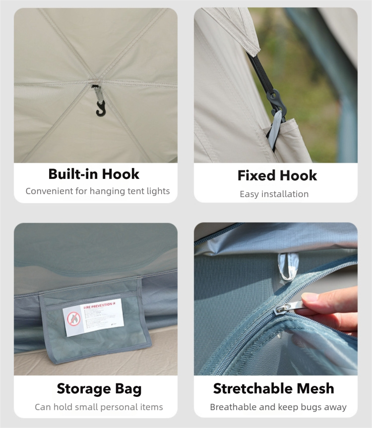 Interior details of Campstone hexagon camping tent featuring built-in hook, mesh windows, and storage pocket for organized camping.