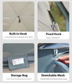 Interior details of Campstone hexagon camping tent featuring built-in hook, mesh windows, and storage pocket for organized camping.