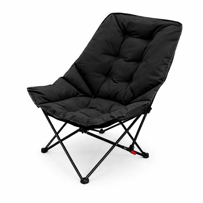 Foldable padded camping chair with high back support and reinforced steel frame