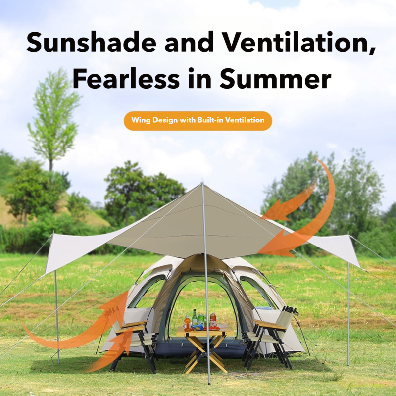 Campstone automatic hexagon camping tent with expandable awning and built-in ventilation system for sunshade and airflow.