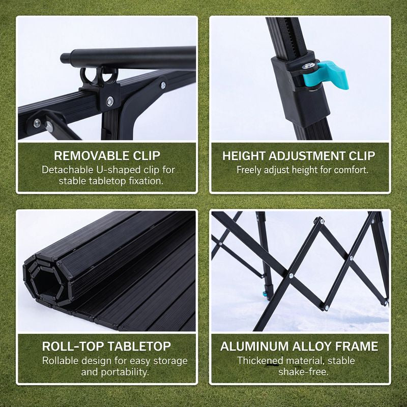 Campstone outdoor adjustable roll-top camping table showing removable clip, height adjustment, aluminium alloy frame and compact roll-top tabletop design