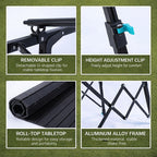 Campstone outdoor adjustable roll-top camping table showing removable clip, height adjustment, aluminium alloy frame and compact roll-top tabletop design