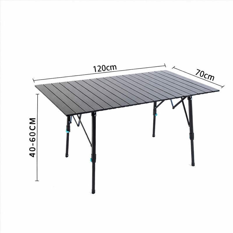 Campstone outdoor camping table dimensions showing 120 by 70 cm tabletop and adjustable height from 46 to 68 cm