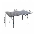 Campstone outdoor camping table dimensions showing 120 by 70 cm tabletop and adjustable height from 46 to 68 cm