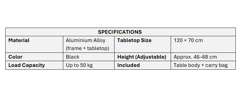Campstone outdoor camping table specifications including aluminium alloy construction, adjustable height and 50 kg load capacity