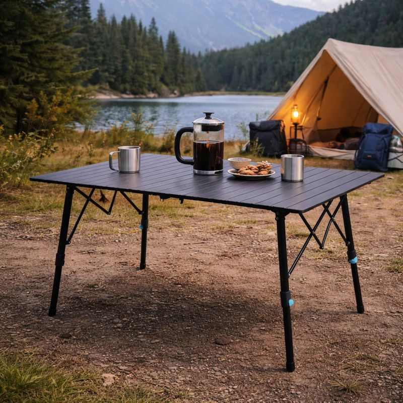 Campstone outdoor camping table set up by a lake with tent, ideal for camping meals and outdoor use in British Columbia