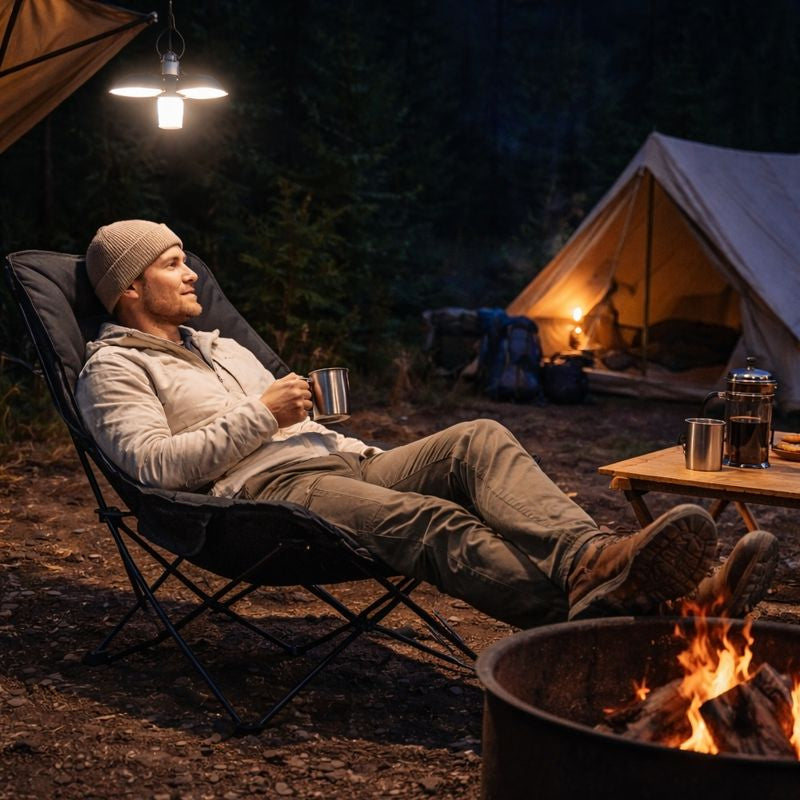 Reclining padded camping chair by a campfire at night, designed for relaxed outdoor lounging