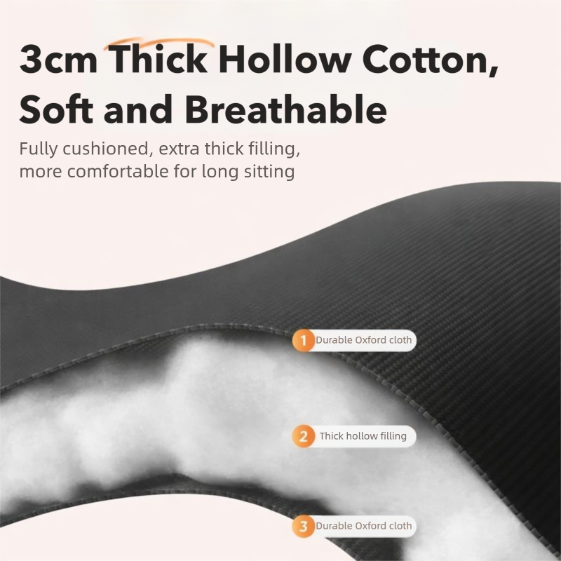 Close-up of 3 cm thick padded cushion showing soft hollow filling and durable Oxford fabric