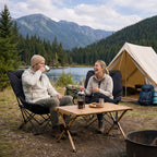 Padded camping chair used at a lakeside campsite, offering comfortable outdoor seating for relaxed camping moments