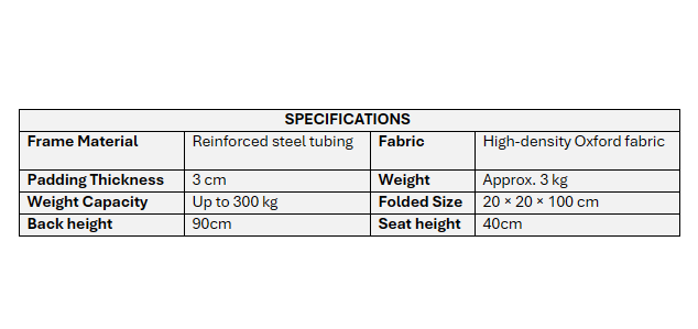 Specifications chart showing size, weight, padding thickness, and load capacity of padded camping chair