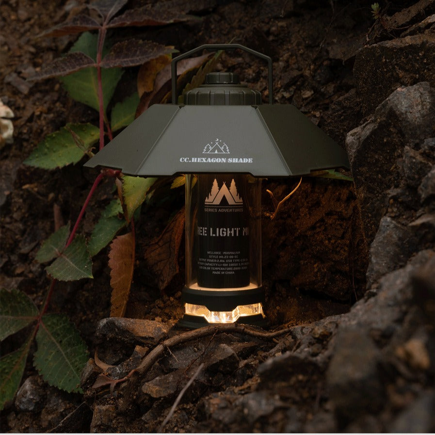 Portable camping lantern providing LED light for outdoor camping and nighttime use
