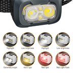 Campstone smart sensor outdoor headlight showing multiple lighting modes including white, warm, and red light